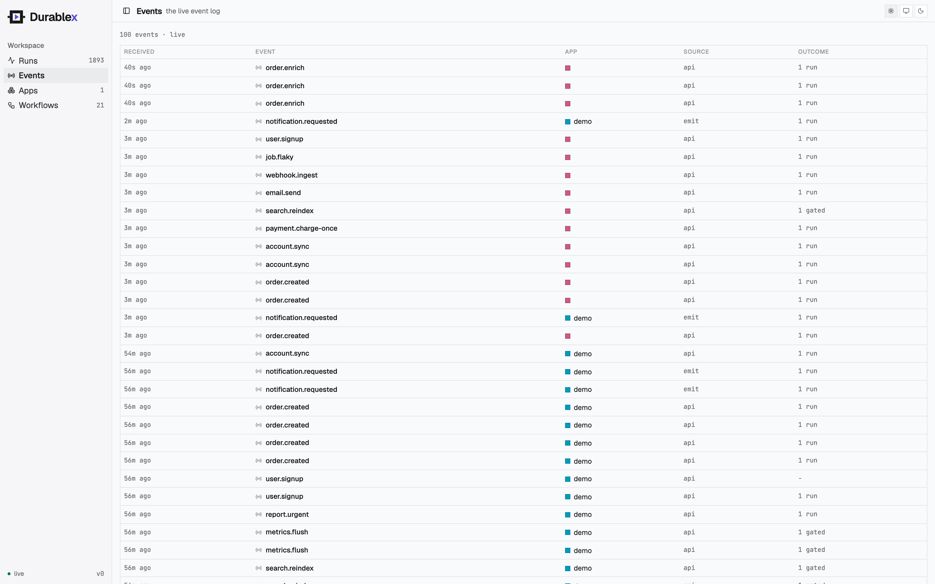 The live event log in the console