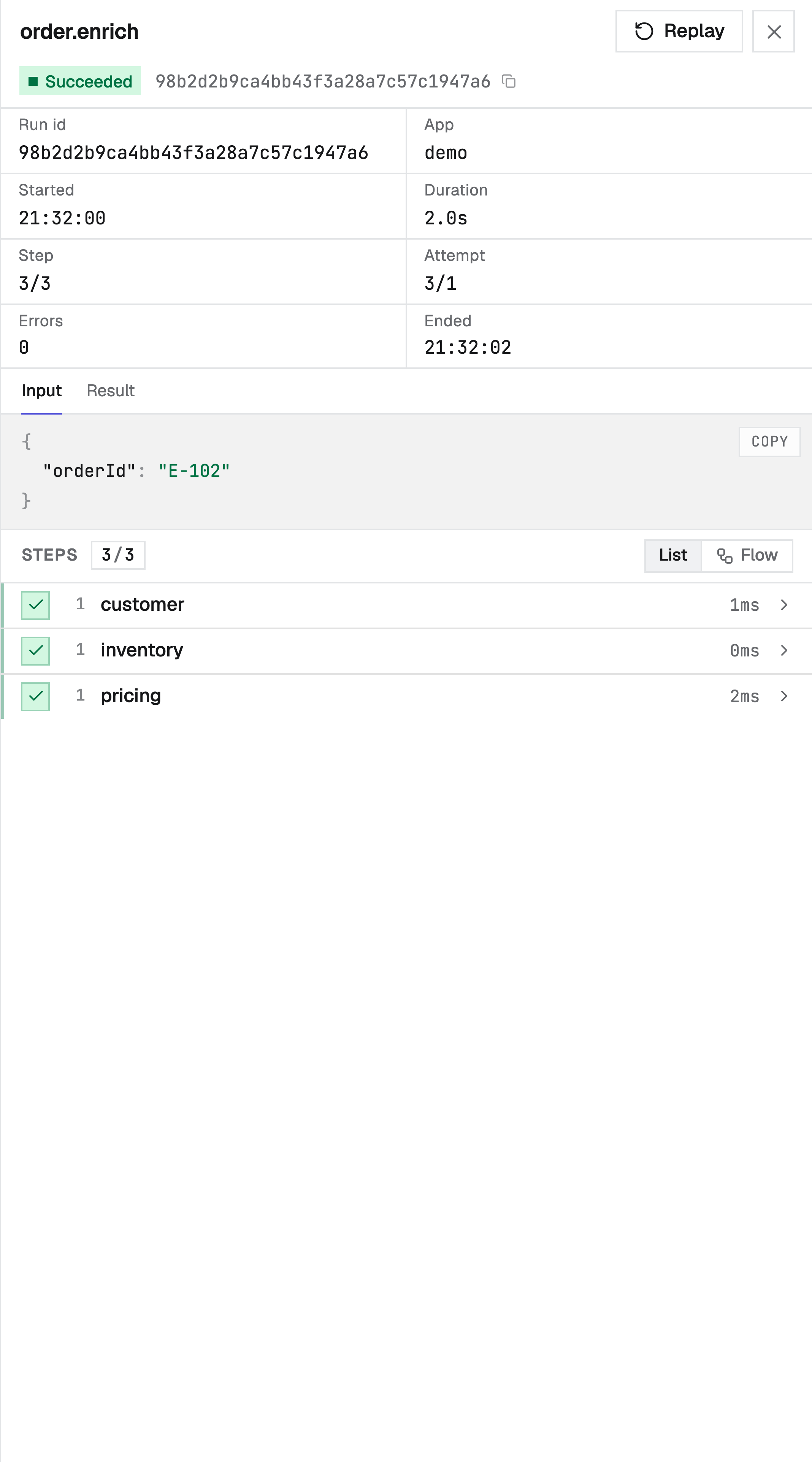 A run's detail in the console
